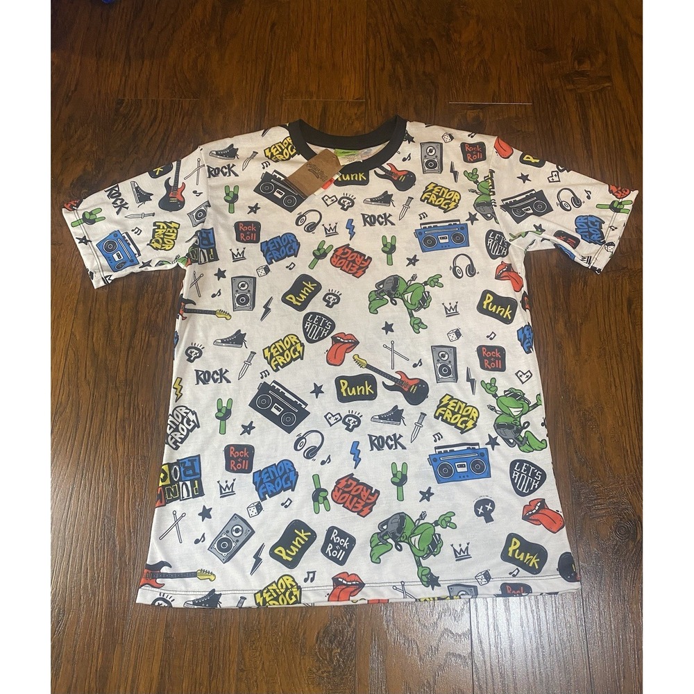 Senor Frog's Rock n Roll Graphic T-Shirt Mens Medium White All Over Print NWT